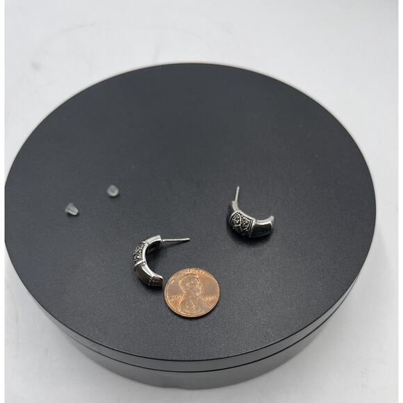 FAS DESIGNER Abalone & Marcasite 925 J-Hoop Post Pierced Earrings 5.30g - Picture 8 of 11